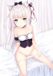 Rule 34 | 1girl, absurdres, animal ear fluff, animal ears, azur lane, bare shoulders, bed, black bow, blue eyes, bow, bow panties, breasts, cat ears, cat hair ornament, choker, cleft of venus, collarbone, grey hair, groin, hair ornament, hair ribbon, hammann (azur lane), hand up, highres, karin (fineyanny), long hair, looking at viewer, medium breasts, navel, on bed, one side up, panties, panty pull, parted lips, pulling own clothes, pussy, red choker, red ribbon, ribbon, sidelocks, sitting, solo, uncensored, underwear, very long hair, white panties