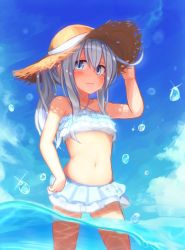 Rule 34 | 1girl, alternate hairstyle, bad id, bad pixiv id, bikini, bikini skirt, bird, blue eyes, blue sky, blush, cloud, commentary request, day, diffraction spikes, frilled bikini, frills, hair between eyes, hat, hibiki (kancolle), kantai collection, looking at viewer, navel, ocean, outdoors, ponytail, reitou mikan, seagull, silver hair, sky, solo, straw hat, swimsuit, wading, white bikini
