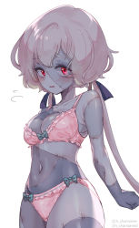Rule 34 | 1girl, blonde hair, blue skin, blush, bra, chamame, colored skin, cowboy shot, hair tie, highres, konno junko, navel, open mouth, panties, red eyes, solo, stitches, sweatdrop, twintails, underwear, zombie, zombie land saga