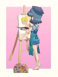 Rule 34 | 2girls, apron, bare legs, beret, black hair, blonde hair, blue eyes, blue skirt, blush, canvas (object), closed mouth, easel, from behind, hair ornament, hairclip, hat, high ponytail, highres, holding, holding paintbrush, holding palette, jessica bunny, kneepits, lewlem, multiple girls, nude, original, overall skirt, paint splatter, paintbrush, palette (object), sandals, shirt, short hair, short sleeves, sidelocks, skirt, smile, standing, striped clothes, striped shirt, white footwear