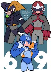 Rule 34 | 3boys, alternate costume, armor, artist name, assault visor, bass (mega man), black armor, black helmet, blue bodysuit, blue eyes, blue helmet, bodysuit, brothers, clenched teeth, commentary request, cowboy shot, cropped jacket, fins, grey bodysuit, head fins, highres, hood, hood down, hooded jacket, jacket, male focus, mega buster, mega man (character), mega man (classic), mega man (series), mega man day, mikhail kitto, multiple boys, number pun, open mouth, proto man, red eyes, red helmet, scarf, serious, siblings, simple background, teeth, twitter username, weapon, white background, yellow scarf