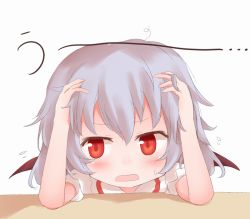 Rule 34 | 1girl, bat wings, blush, face, female focus, grey hair, hands on own face, no headwear, no headwear, open mouth, red eyes, remilia scarlet, shize (coletti), short hair, solo, sweatdrop, touhou, wings