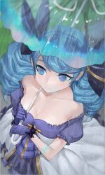 Rule 34 | 1girl, absurdres, black bow, bow, breasts, closed mouth, collarbone, dress, drill hair, gloves, grass, green eyes, grey dress, gwen (league of legends), hair bow, highres, holding, holding umbrella, large breasts, league of legends, long hair, puffy short sleeves, puffy sleeves, purple dress, purple gloves, rain, rayn87250715, see-through, short sleeves, smile, twin drills, twintails, umbrella