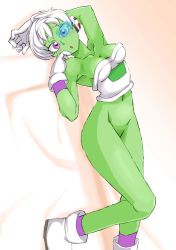 Rule 34 | 1girl, armor, boots, breasts, cheelai, cleavage, colored skin, commentary request, dragon ball, dragon ball super, dragon ball super broly, gloves, graphite (medium), green-tinted eyewear, green skin, looking at viewer, millipen (medium), onnaski, purple eyes, scouter, short hair, shorts, solo, tinted eyewear, traditional media, white gloves, white hair