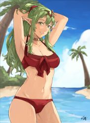 Rule 34 | 1girl, alternate costume, arms up, beach, bikini, breasts, commentary, english commentary, fire emblem, fire emblem awakening, gold choker, green eyes, green hair, highres, long hair, looking at viewer, medium breasts, navel, nintendo, open mouth, outdoors, palm tree, pointy ears, ponytail, red bikini, sakuremi, smile, solo, swimsuit, tiki (adult) (fire emblem), tiki (adult) (summer) (fire emblem), tiki (fire emblem), tree