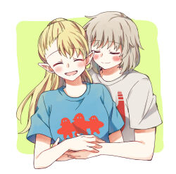 Rule 34 | 2girls, blonde hair, blue shirt, blush, closed eyes, closed mouth, commentary request, dungeon meshi, elf, falin touden, falin touden (tallman), green background, grey hair, grey shirt, highres, holding hands, hug, hug from behind, long hair, marcille donato, multiple girls, open mouth, pointy ears, ponytail, shirt, short hair, short sleeves, smile, two-tone background, white background, youyan, yuri