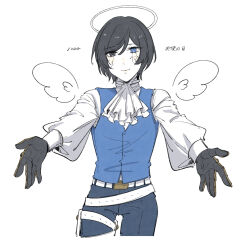 Rule 34 | 1boy, angel, angel wings, ascot, beckoning, belt, black hair, blue eyes, blue pants, blue vest, closed mouth, cracked skin, cropped legs, drawn wings, halo, highres, kaito (vocaloid), long sleeves, looking at viewer, male focus, mechanical hands, multiple belts, outstretched arms, pants, partially colored, project diva (series), puffy long sleeves, puffy sleeves, reaching, reaching towards viewer, requiem (module), shirt, short hair, simple background, smile, solo, soup dumplin, thigh belt, thigh strap, vest, vocaloid, white ascot, white background, white shirt, wings