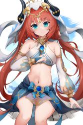 Rule 34 | 1girl, absurdres, aqua eyes, bare shoulders, blush, breasts, brooch, circlet, closed mouth, commentary request, connexion, detached sleeves, genshin impact, harem outfit, highres, horns, jewelry, long hair, long sleeves, looking at viewer, medium breasts, navel, neck ring, nilou (genshin impact), puffy long sleeves, puffy sleeves, sitting, skirt, stomach, thighs, twintails, vambraces, veil, vision (genshin impact)