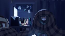 Rule 34 | 1girl, aqua eyes, bulletin board, closed mouth, clothes rack, commentary request, commission, curtains, dark, half-closed eyes, hatsune miku, indoors, long hair, looking at viewer, machigami yoh, monitor, night, on bed, screen light, sitting, solo, twintails, under covers, vocaloid