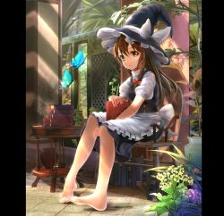 Rule 34 | 1girl, alternate hair color, apron, bad id, bad pixiv id, barefoot, black dress, book, book stack, bow, brown hair, bug, butterfly, chair, dikko, dress, feet, full body, grimoire, hair bow, hat, bug, kirisame marisa, long hair, looking at viewer, pillarboxed, plant, potted plant, puffy sleeves, shirt, sitting, solo, table, tile floor, tiles, touhou, waist apron, witch hat, yellow eyes