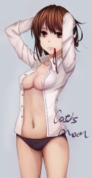 Rule 34 | 1girl, absurdres, adjusting hair, arms up, bad id, bad pixiv id, black panties, breasts, brown eyes, brown hair, catsmoon, cleavage, commentary request, dress shirt, highres, long sleeves, medium breasts, mouth hold, no bra, no pants, open clothes, open shirt, original, panties, shirt, simple background, sketch, solo, underwear