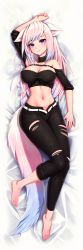 Rule 34 | 1girl, :3, animal ears, arm up, bare shoulders, barefoot, bed sheet, belt, black choker, black pants, black shirt, breasts, choker, cleavage, clickdraws, closed mouth, commission, crop top, dakimakura (medium), feet, fox ears, fox girl, fox tail, full body, gradient hair, highres, jewelry, large breasts, long hair, long sleeves, looking at viewer, lying, midriff, multicolored hair, navel, necklace, off shoulder, on back, open fly, pants, pink hair, purple eyes, shirt, smile, solo, stomach, tail, taut clothes, taut shirt, torn clothes, torn pants, virtual youtuber, vrchat