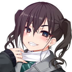 Rule 34 | 1girl, blush, brown eyes, brown hair, commentary request, grin, idolmaster, idolmaster cinderella girls, looking at viewer, mask, mask pull, mole, mole under eye, mouth mask, necktie, okuri banto, sharp teeth, simple background, sleeves past wrists, smile, solo, sunazuka akira, surgical mask, teeth, twintails, upper body, white background