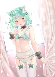 Rule 34 | 1girl, :o, animal ears, aqua bra, aqua hair, aqua panties, black choker, black ribbon, blunt bangs, blush, bra, breasts, butterfly ornament, cat ears, choker, collarbone, cross-laced choker, curtains, fang, fang out, floral print, frilled bra, frills, garter belt, garter straps, hair ornament, hair ribbon, harada haruki, highres, hololive, lingerie, looking to the side, medium hair, open mouth, panties, panties over garter belt, petals, red eyes, ribbon, see-through, small breasts, solo, thighhighs, underwear, underwear only, uruha rushia, virtual youtuber, white thighhighs, window, wrist cuffs