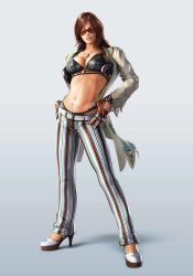 Rule 34 | 1girl, absurdres, belt, brazil, breasts, brown hair, cleavage, fingerless gloves, gloves, high heels, highres, jacket, jewelry, katarina alves, large breasts, medium hair, midriff, namco, navel, necklace, official art, pubic tattoo, revealing clothes, sunglasses, tattoo, tekken, tekken 7, whale tail (clothing)