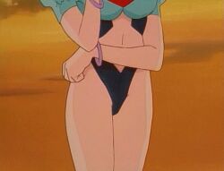 Rule 34 | 1990s (style), 1girl, animated, animated gif, anju (kishin douji zenki), ass, bare legs, bracelet, breasts, clothing cutout, earrings, evening, full body, green eyes, green hair, highleg, highleg leotard, hoop earrings, jewelry, juliet sleeves, kishin douji zenki, leotard, long sleeves, medium breasts, medium hair, navel cutout, puffy sleeves, retro artstyle, revealing clothes, see-through, see-through leotard, sky, wide hips