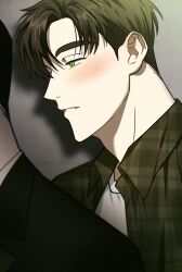 Rule 34 | 2boys, blush, brown hair, cheongsae, flannel, green eyes, highres, jin cheong-woo, korean commentary, looking at another, male focus, matthew raynor, multiple boys, parted bangs, parted lips, shirt, short hair, solo focus, under the greenlight, white shirt, yaoi