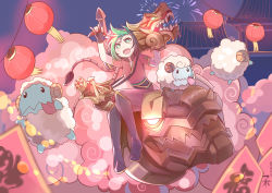 Rule 34 | 1girl, absurdres, female focus, firecracker jinx, fireworks, green eyes, hair tubes, highres, jinx (league of legends), league of legends, long hair, multicolored hair, open mouth, poro (league of legends), short sleeves, sitting, sky, solo, tongue, twintails, zhainan s-jun