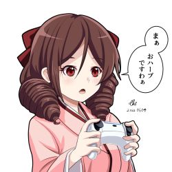 Rule 34 | 1girl, bow, brown hair, controller, drill hair, game controller, hair between eyes, hair bow, harukaze (kancolle), holding, holding controller, holding game controller, japanese clothes, kantai collection, kimono, meiji schoolgirl uniform, pink kimono, red bow, red eyes, solo, speech bubble, tk8d32, translation request, twin drills
