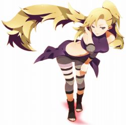 Rule 34 | adjusting hair, bandages, bare shoulders, bent over, blonde hair, blue eyes, elbow pads, fishnets, hair ornament, hairclip, knee pads, leaning forward, legs, lips, long hair, lossy-lossless, midriff, nail polish, naruto, naruto (series), one eye closed, applying pedicure, ponytail, rassie s, sandals, shadow, shirt, simple background, smile, solo, standing, taut clothes, taut shirt, toes, very long hair, wink, yamanaka ino