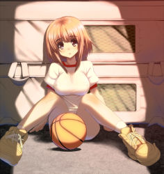 Rule 34 | 10s, 1girl, bad id, bad pixiv id, ball, basketball, basketball (object), breasts, brown eyes, brown hair, censored, convenient censoring, covered erect nipples, gen (black factory), gym storeroom, gym uniform, indoors, kashii airi, large breasts, legs, rou-kyuu-bu!, short hair, solo