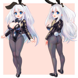 Rule 34 | 1girl, animal ears, ass, black leotard, blue eyes, bow, bowtie, breasts, check copyright, copyright request, fake animal ears, full body, highres, jacket, large breasts, leotard, long hair, looking at viewer, multiple views, open clothes, open jacket, open mouth, original, pantyhose, playboy bunny, rabbit, smile, tsukiyono aroe, white hair