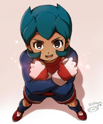 Rule 34 | 1boy, aqua hair, bad id, bad pixiv id, black eyes, character name, from above, full body, gloves, goalkeeper, inazuma eleven, inazuma eleven (series), looking at viewer, looking up, male focus, mizuhara aki, open mouth, rococo urupa, soccer uniform, solo, sportswear