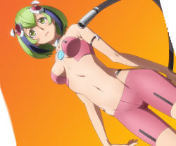Rule 34 | 10s, 1girl, android, armband, bare shoulders, belly, bike shorts, breasts, bridgeless bra, cable, cable tail, choker, cowboy shot, dimension w, dutch angle, expressionless, gradient background, green hair, headgear, highres, hip focus, lips, mechanical tail, multicolored hair, navel, orange background, screencap, short hair, simple background, small breasts, solo, stitched, stomach, streaked hair, tail, third-party edit, toned, two-tone hair, umetsu yasuomi, underwear, yurizaki mira