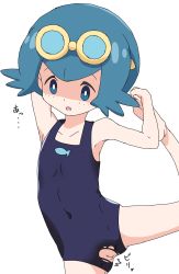 Rule 34 | 1girl, accidental exposure, aki (yunkana), arm up, barefoot, blue eyes, blue hair, blue swimsuit, blush, cleft of venus, creatures (company), crotchless, exercise, feet, female focus, flat chest, game freak, goggles, goggles on head, highres, lana (pokemon), leg up, loli, nintendo, one-piece swimsuit, open mouth, pokemon, pokemon (anime), pokemon sm (anime), pussy, shaded face, short hair, simple background, solo, standing, standing on one leg, stretch, surprised, swimsuit, torn clothes, torn swimsuit, uncensored, wardrobe malfunction, white background
