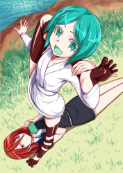 Rule 34 | 2girls, accidental pervert, androgynous, aokihoshi, barefoot, camera phone, cellphone, cinnabar (houseki no kuni), feet, flexible, flexing, gender request, green eyes, green hair, houseki no kuni, legs, looking at another, multiple girls, necktie, phone, phosphophyllite, red eyes, red hair, robe, shirt, short hair, shorts, soles, spoilers, spread toes, toes
