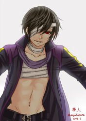 Rule 34 | 1boy, artist name, bandage over one eye, bandaged chest, bandaged neck, bandages, belt, belt buckle, black hair, buckle, coat, commentary request, dated, earrings, hamura mayu, jewelry, male focus, midriff, multicolored coat, navel, one eye covered, open clothes, open coat, overcoat, pants, purple scarf, red eyes, scarf, short hair, solo, taito (vocaloid), vocaloid, white background, yandere