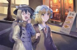 Rule 34 | 3girls, alternate costume, backpack, bad id, bad pixiv id, bag, black hair, black hat, blazer, blonde hair, bow, broom, brown jacket, brown scarf, building, chair, clock, closed eyes, coat, commentary request, fedora, frilled shirt collar, frills, grey coat, hair bow, hand in pocket, hand up, hat, hat bow, highres, holding, holding broom, jacket, long sleeves, maribel hearn, misha (hoongju), mob cap, multiple girls, neck ribbon, open mouth, outdoors, parted lips, red ribbon, ribbon, road, scarf, shirt, short hair, street, table, touhou, translation request, tree, upper body, usami renko, white bow, white hat, white shirt, yawning, yellow eyes