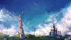 Rule 34 | absurdres, antennae, blue sky, building, cliff, cloud, cloudy sky, crescent moon, day, flower, fuyunoyuki, grass, highres, landscape, moon, nature, no humans, original, outdoors, power lines, rock, scenery, sky, utility pole