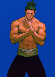 Rule 34 | 1boy, abs, artist name, black eyes, black hair, black pants, blue background, c home, cowboy shot, hands up, highres, holding own arm, jujutsu kaisen, looking at viewer, male focus, muscular, muscular male, nipples, pants, parted lips, scar, scar on face, short hair, simple background, smile, solo, standing, topless male, toudou aoi (jujutsu kaisen)