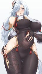 Rule 34 | 1girl, absurdres, black gloves, blue eyes, blush, bodysuit, braid, breasts, brown bodysuit, clothing cutout, covered navel, elbow gloves, genshin impact, gloves, hair ornament, hair over one eye, highres, hip vent, large breasts, long hair, long sleeves, looking at viewer, low-braided long hair, low-tied long hair, parted lips, partially fingerless gloves, puffy long sleeves, puffy sleeves, sama samasa, shenhe (genshin impact), shoulder cutout, silver hair, solo, tabard, tassel, thighs, very long hair