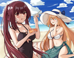 Rule 34 | 2girls, bare shoulders, beach, bento, bikini, black one-piece swimsuit, blush, braid, breasts, brown hair, closed eyes, closed mouth, cloud, cloudy sky, collarbone, eating, feet out of frame, girls&#039; frontline, hair between eyes, hat, holding bento, large breasts, long hair, looking at viewer, multiple girls, ocean, official alternate costume, one-piece swimsuit, outdoors, ponytail, purple hair, rahy, red eyes, sarong, sidelocks, sky, smile, springfield (girls&#039; frontline), springfield (stirring mermaid) (girls&#039; frontline), sun hat, swimsuit, upper body, very long hair, wa2000 (girls&#039; frontline), wa2000 (op. manta ray) (girls&#039; frontline), white bikini
