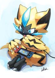 Rule 34 | 1other, animal ears, animal feet, animal hands, animal nose, artist name, black fur, blue background, blue eyes, blush, body fur, cable, cat ears, cat tail, claws, creatures (company), full body, furry, game freak, gen 7 pokemon, handheld game console, hands up, highres, ikei, knees apart feet together, legendary pokemon, licking finger, light blush, looking down, mythical pokemon, nintendo, nintendo switch, other focus, pawpads, playing games, pokemon, pokemon (creature), revision, signature, simple background, sitting, solo, tail, tongue, tongue out, two-tone fur, whiskers, yellow fur, zeraora