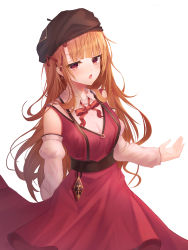 Rule 34 | 1girl, absurdres, akame (akame ga kill!), bare shoulders, beret, blonde hair, blunt bangs, blush, bow, breasts, brown hat, collared shirt, commentary request, cowboy shot, detached sleeves, dress, hat, highres, jitome, juliet sleeves, long hair, long sleeves, looking at viewer, medium breasts, one piece, open mouth, orange hair, puffy sleeves, red bow, red dress, red eyes, red neckwear, runa (user guwn7382), shirt, simple background, solo, standing, tsundere, v-shaped eyebrows, very long hair, white background, white shirt, white sleeves