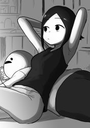 Rule 34 | 1boy, 1girl, anemanta (character), armpits, black eyes, black hair, breasts, cellphone, commentary, denim, expressionless, greyscale, highres, holding, holding phone, indoors, interior, jeans, lying, lying on another, medium breasts, midriff, monochrome, monochrome, on back, original, pants, phone, reclining, shiromanta, shiromanta (character), shirt, short hair, singlet, sitting, smartphone, t-shirt