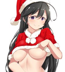 Rule 34 | 1girl, ahoge, black eyes, black hair, blush, breasts, christmas, cleavage, closed mouth, clothes lift, commentary, dou-t, fur-trimmed shirt, fur trim, girls und panzer, hat, highres, isuzu hana, jacket, large breasts, lifted by self, long hair, looking at viewer, red hat, red jacket, santa costume, santa hat, shirt, shirt lift, shrug (clothing), simple background, smile, solo, upper body, white background