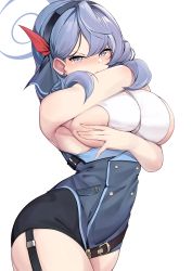 Rule 34 | 1girl, absurdres, ako (blue archive), armpits, bare arms, bare shoulders, belt, blue archive, blue eyes, blue hair, blue leotard, blush, breasts, brown belt, covered navel, earrings, garter straps, hair between eyes, hair ribbon, hairband, halo, highres, huge breasts, jewelry, leotard, long hair, looking at viewer, multicolored hair, mung (larnec), nose blush, presenting armpit, ribbon, sideboob, simple background, solo, streaked hair, stud earrings, tearing up, underboob, white background
