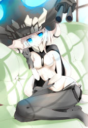 Rule 34 | 10s, 1girl, abyssal ship, black gloves, blue eyes, bodysuit, cape, colored skin, couch, gloves, glowing, glowing eyes, green upholstery, headgear, kantai collection, looking at viewer, onasuba, sitting, solo, white hair, white skin, wo-class aircraft carrier