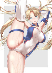 Rule 34 | 1girl, absurdres, armpits, arms up, ass, bad id, bad pixiv id, bare shoulders, blonde hair, blue eyes, blue leotard, blush, bradamante (fate), braid, breasts, cleavage, crown braid, detached collar, elbow gloves, fate/grand order, fate (series), french braid, gloves, hair between eyes, highleg, highleg leotard, highres, large breasts, leg lift, leg up, leotard, long hair, looking at viewer, nakagawa kanon (pixiv32798535), open mouth, split, standing, standing on one leg, standing split, thighs, twintails, two-tone leotard, very long hair, wet, white leotard