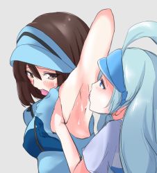 Rule 34 | 2girls, ace trainer (pokemon), arm up, armpits, blue eyes, blue hair, blue headwear, blue shirt, blush, breasts, brown eyes, brown hair, covered erect nipples, creatures (company), doruka, female focus, game freak, grabbing, grabbing another&#039;s breast, grey background, half-closed eyes, hand under clothes, hand up, hat, kahili (pokemon), licking, licking armpit, long hair, matching hair/eyes, medium breasts, multiple girls, nintendo, open mouth, pokemon, pokemon sm, saliva, shirt, short hair, short sleeves, simple background, sleeveless, sleeveless shirt, sweat, tongue, tongue out, upper body, visor cap