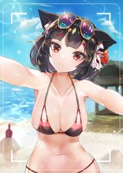Rule 34 | 1girl, :3, absurdres, animal ears, armpits, azur lane, bad id, bad pixiv id, bare shoulders, beach, bikini, black bikini, blue sky, blunt bangs, blush, breasts, camera, cat ears, cleavage, closed mouth, cloud, collarbone, commentary request, day, eyelashes, eyewear on head, flower, fox mask, glint, hair flower, hair ornament, head tilt, highres, large breasts, looking at viewer, mask, mask on head, navel, ocean, outdoors, outstretched arms, pink bikini, red eyes, red flower, sand, short hair, shovel, sky, solo, standing, stomach, sun glare, sunglasses, swimsuit, trowel, water, yamashiro (azur lane), yayoichi (yoruyoru108)