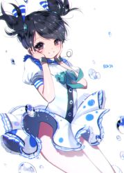 Rule 34 | 1girl, artist name, bad id, bad pixiv id, black hair, blush, bracelet, brown eyes, bubble, chromatic aberration, circle skirt, cyphers, hands on own face, jewelry, looking at viewer, marlene (cyphers), necklace, short hair, signature, simple background, smile, solo, sparkle, sukja, twintails, white background
