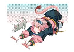 Rule 34 | 1girl, absurdres, animal ears, arknights, black footwear, black hairband, braid, cat, cat ears, cat girl, cat tail, commentary request, goldenglow (arknights), hairband, highres, imitating, long hair, long sleeves, looking at animal, magnolia29, pink hair, shoes, socks, solo, tail, white socks, yellow eyes