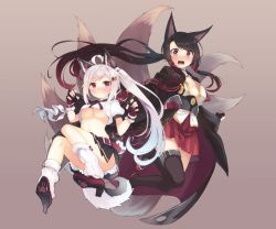 Rule 34 | 2girls, absurdres, azur lane, black hair, breasts, commentary request, floating, fox girl, gloves, gradient background, grey background, grey hair, hair ornament, hairclip, high heels, highres, long hair, loose socks, medium breasts, multicolored nails, multiple girls, nail polish, no bra, original, ponytail, purple eyes, shirt, shoe soles, shoes, side ponytail, simple background, single thighhigh, skirt, socks, swept bangs, thighhighs, underboob, wavy mouth, zero (miraichizu)
