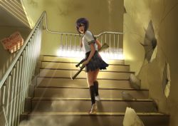 Rule 34 | 1girl, bad id, bad pixiv id, bullet hole, chimame, female focus, gun, highres, looking back, pleated skirt, school uniform, skirt, solo, stairs, weapon