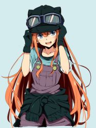 Rule 34 | 1girl, amano tora, animal helmet, black gloves, blue background, gloves, goggles, goggles on headwear, hat, highres, kazenoko, long hair, looking at viewer, open mouth, original, red hair, simple background, sketch, smile, solo